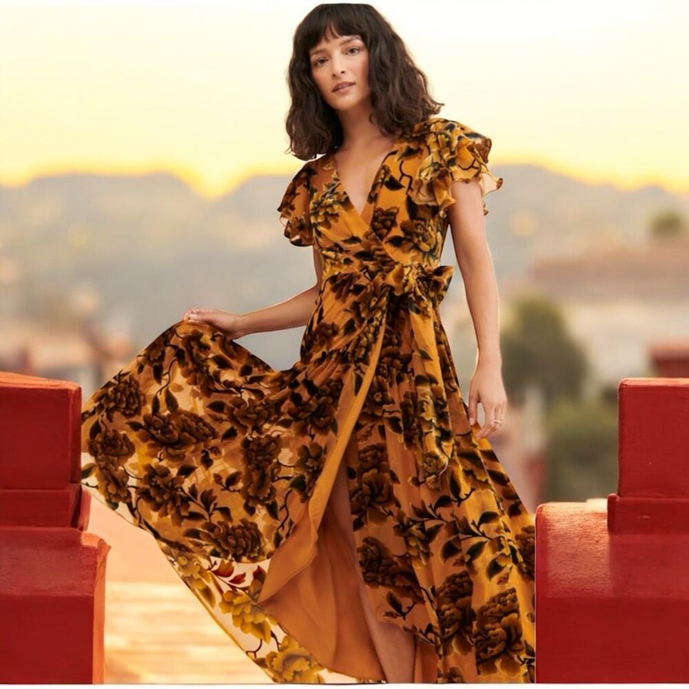 Anthropologie x Hutch Velvet Embroidered Wrap Dress‎ in Yellow and Brown